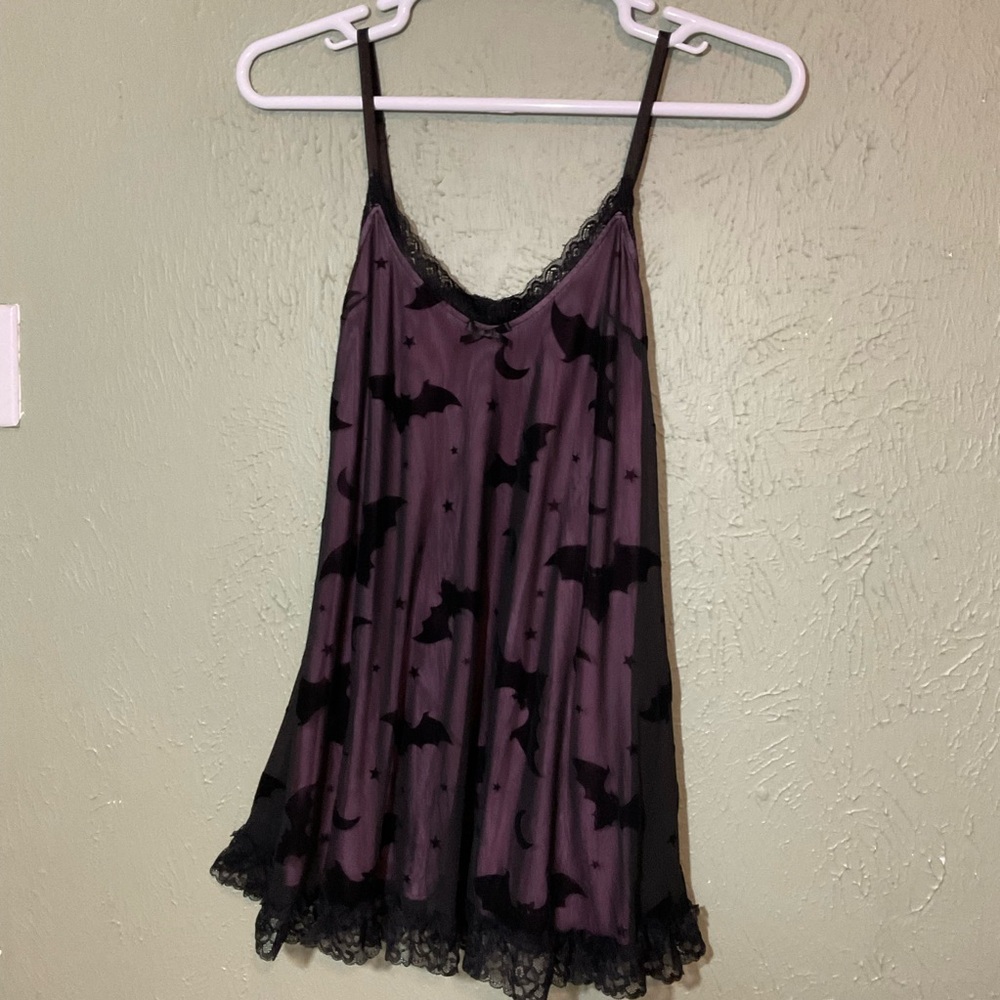 Purple Bat-Print Lace Trim Slip Dress with Adjustable Straps